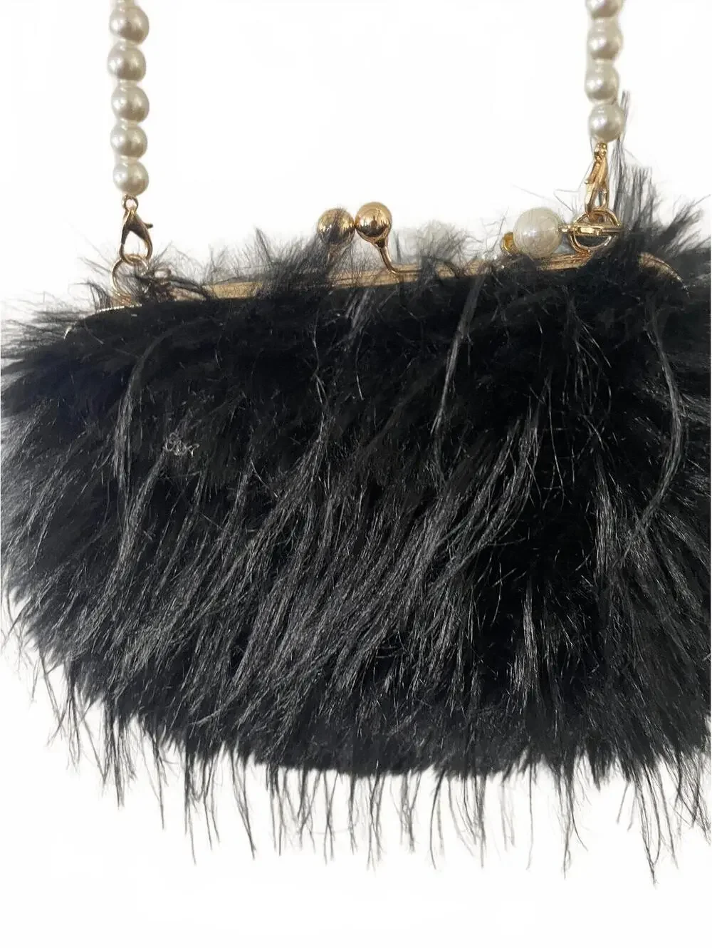 Black Faux Feather Purse with Prominent Pearl Strap.